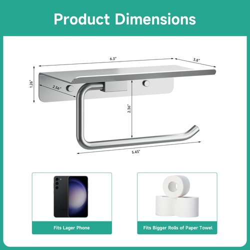 Toilet Paper Holder with Shelf, 304 Stainless Steel 6-Inch Large Bathroom Toilet Paper Holder Wall Mount, Rustproof Toilet Paper Roll Holder for Bathroom, Washroom