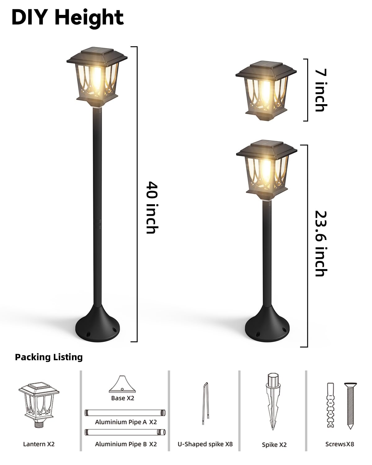 2 Pack Solar Lamp Post Light 40 Inch, Metal Glass Outdoor Solar Lights Waterproof Garden Pole Lights, Auto Dusk-to-Dawn Post Lamp Lights for Outside Backyard Front Warm White (2 Installation Modes)