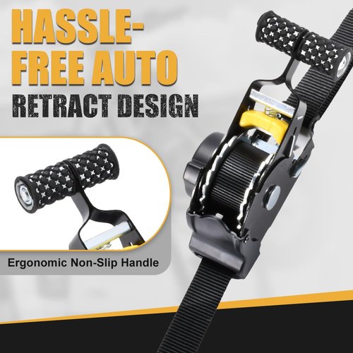 Performance Master Retractable Ratchet Straps 4 Pack 1 Inch x 10 Feet (1,500lb Break Strength) - Heavy Duty Auto Self Retracting Tie Down Straps for Truck Cargo Trailer Motorcycle SUVs Black