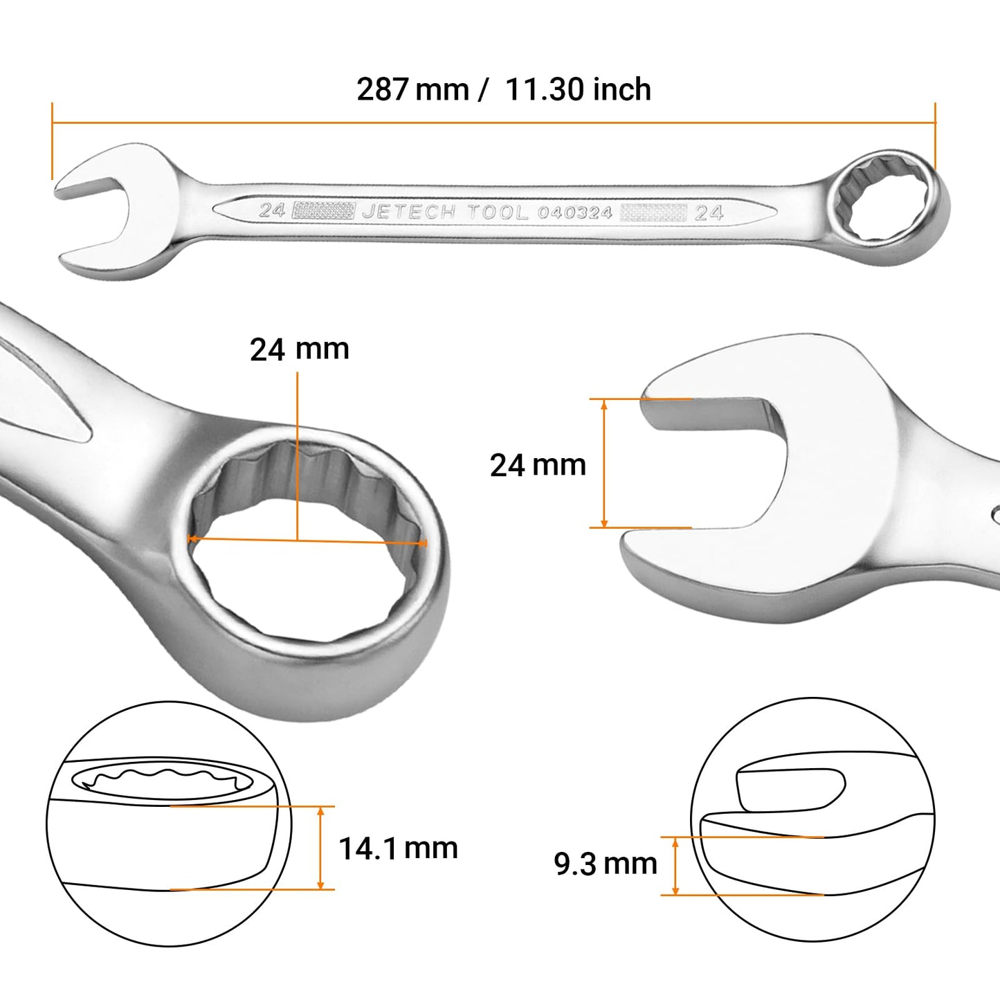 Jetech 24mm Metric Combination Wrench - Premium Industrial Grade Spanner: 12-Point Box End, 15-Degree Offset, Durable Chrome Vanadium Steel, Sand Blasted Finish