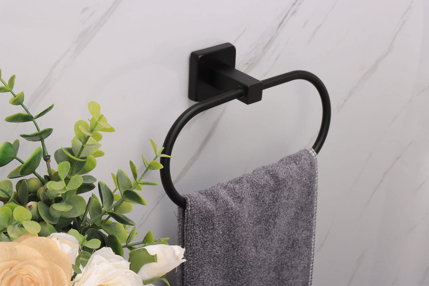 TocTen Towel Ring/Hand Towel Rack - Thicken SUS304 Stainless Steel Bathroom Hand Towel Holder Heavy Duty Unique Oval Hand Towel Hanger Wall Mounted for Bathroom Kitchen Sink (Matte Black)