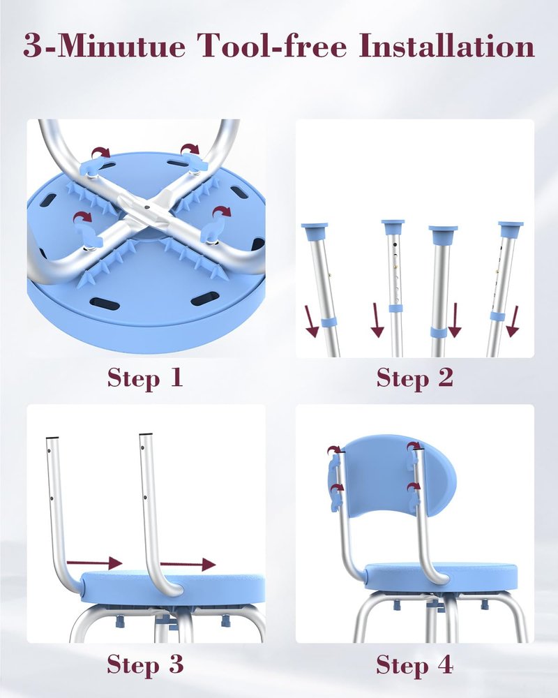 Fvzzin Swivel Shower Chair with Back, 360ยฐ Height Adjustable Shower Stool, Compact Space-Saving Design for Small Showers, Non-Slip Bathroom Chair for Seniors & Elderly (Blue)