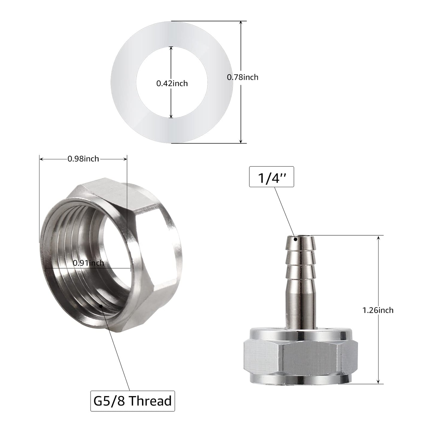 MRbrew Keg Coupler Barb Connector, Homebrew Kegerator Sankey Couplers O.D 1/4'' Chrome-Plated Brass Liquid Beer Line Tailpiece Nipple Fitting with Sealing Gasket Washer and G 5/8 Thread Hex Nut