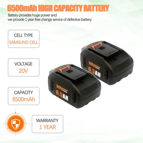 New Upgraded 2Pack 6.5Ah 20V Battery Compatible for Worx Battery 20V PowerShare WA3674 WA3678 WA3669 WA3575 WA3525 WA3520 WA3577 WA3578 WG151s WG155s WG251s