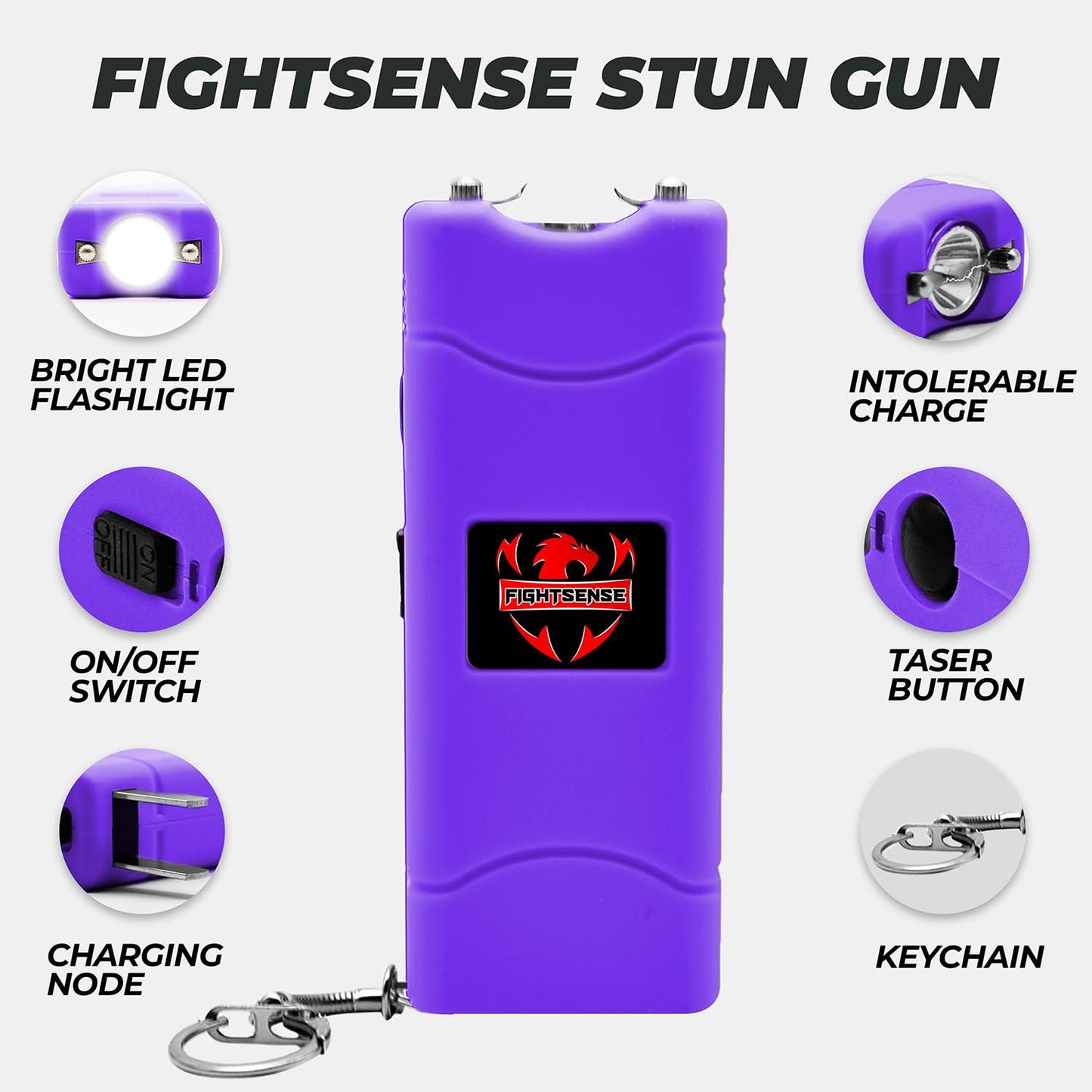 FIGHTSENSE Super Heavy Duty Keychain Stun Gun with Flashlight for Men and Women self Defense Device, Rechargeable Stun Gun, Nylon Holsters (Purple)