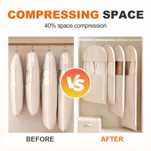 2025 Space Saving Hanging Garment Bag with Self Compression Zipper, Dust Cover Clothes Bags for Down Coat, Heavy Duty Closet Organizer Garment Bags for Closet Storage (Beige, Large)