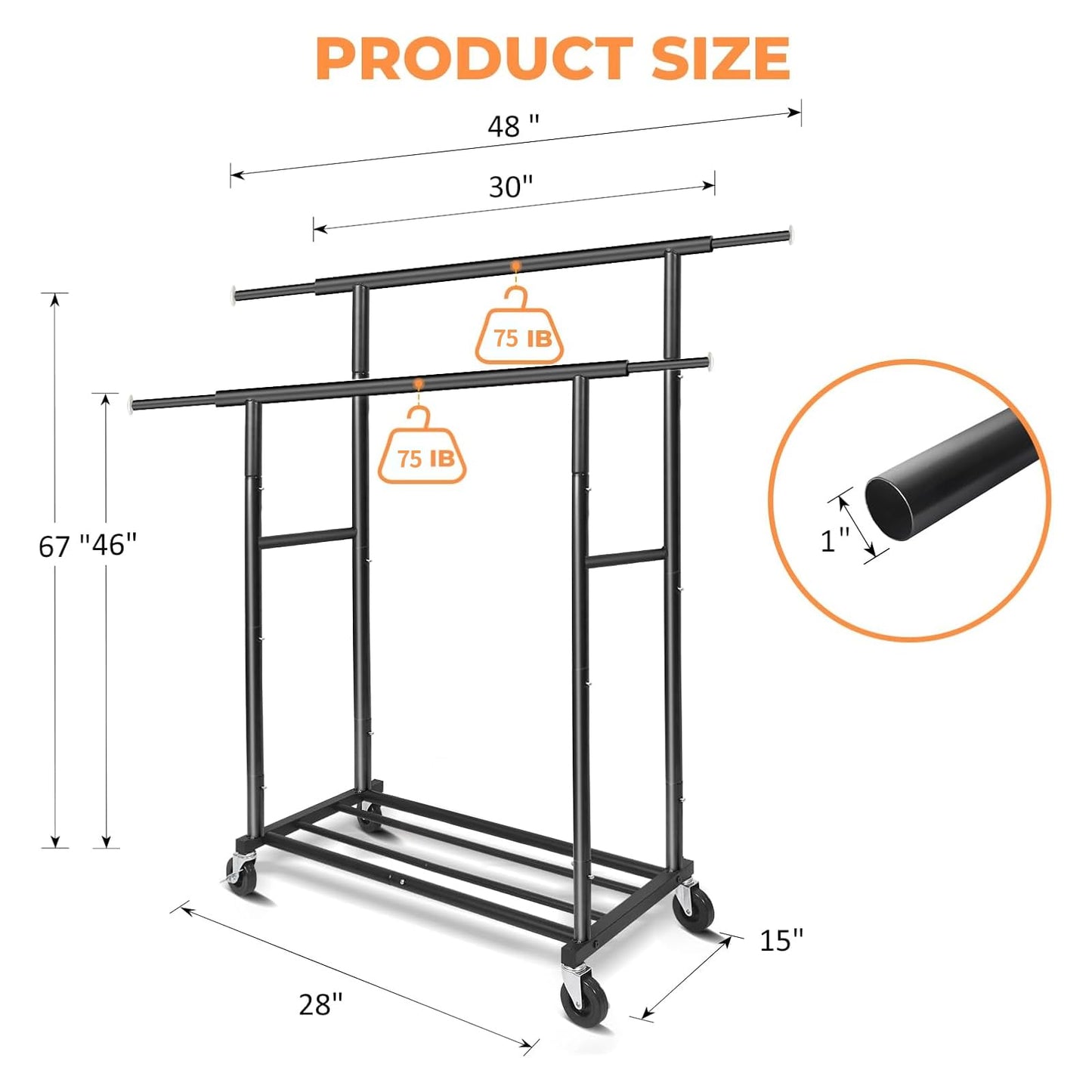 Fishat Stand Portable Black Double Rods Garment Rack with Rolling Clothes Organizer on Lockable Wheels Mobile, 48" W x 15" D x 67" H, Metal Simple Hanging Clothes with 2 Hook