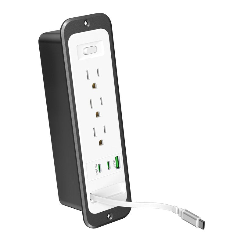 Recessed Power Strip with Retractable USB C Cable,2 PD 20W USB C,Flush Mount Countertop Drawer Outlet, Furniture Hidden Outlet for Side Table,End Table,3 Outlets (White and Black, 6FT-20W)