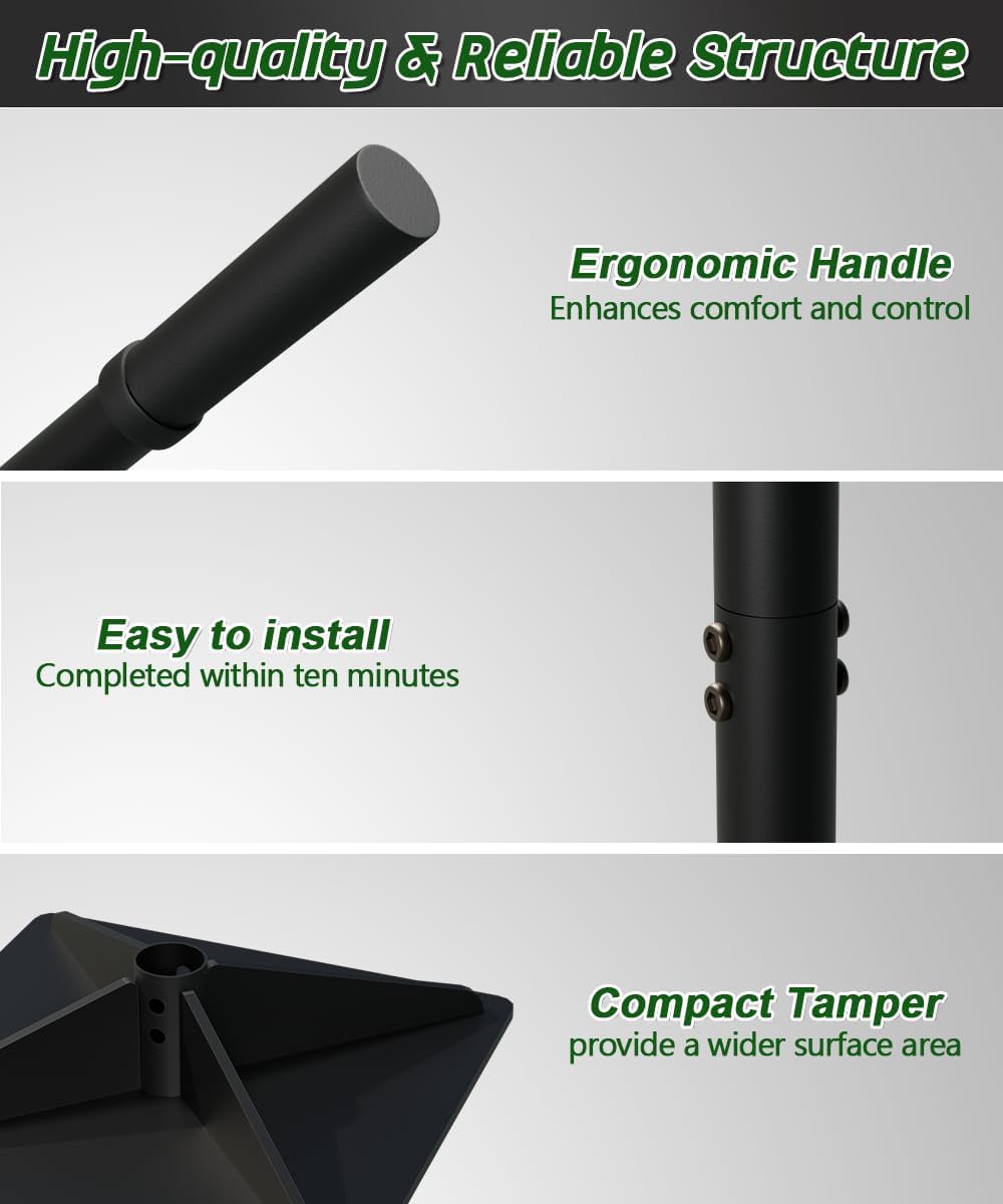 Garden Steel Tamper with 47 inch Adjustable Handle & Rubber Grip, 10" x 10" Heavy Duty Soil Tamper Tool for Ground & Gravel Leveling, Steel Dirt Compactor for Yard, Sand, Asphalt, Driveway