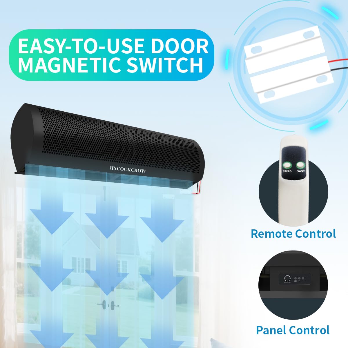 HXCOCKCROW 36’’ Air Curtain for Doors,【New Upgrade】 Commercial Matte Black Door Fan with Door Magnetic Switch for Home Restaurant Shop Garage, 2-Speed Indoor Curtain Fan, High Power & Slim