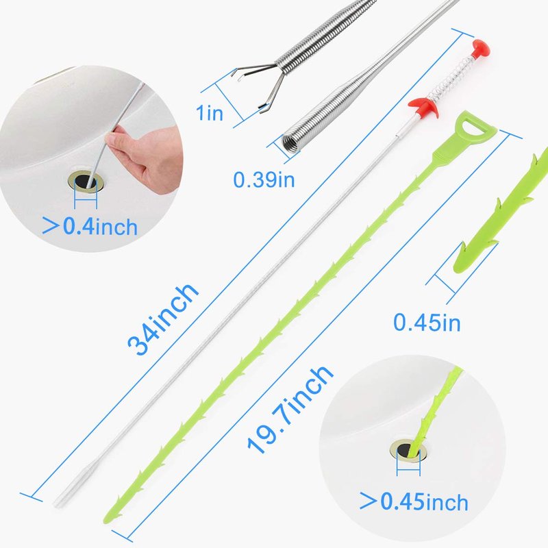 Snake Drain Hair Clog Remover Tool,34 Inch Stainless Steel Claw and 3 Pack 19. 7 Inch Plastic Sink Unclogger Tool, Sink Drain Cleaner for Kitchen, Tub Toilet (3+1)
