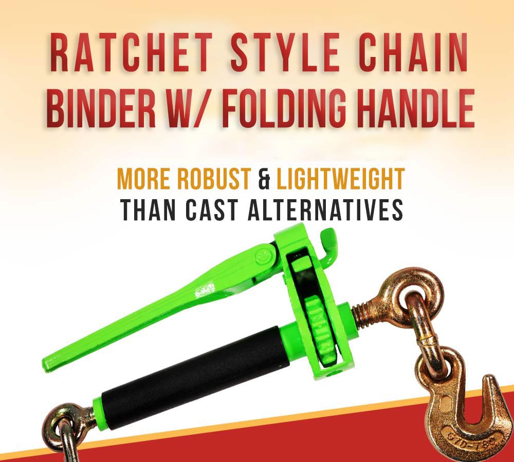Mytee Products 4 Pack 5/16" - 3/8" Hi-Viz Green Heavy Duty Folding Handle Ratchet Load Binder w/Grab Hook 7,100 lbs WLL | Tie Down Hauling Chain Binders for Flatbed Truck Trailer