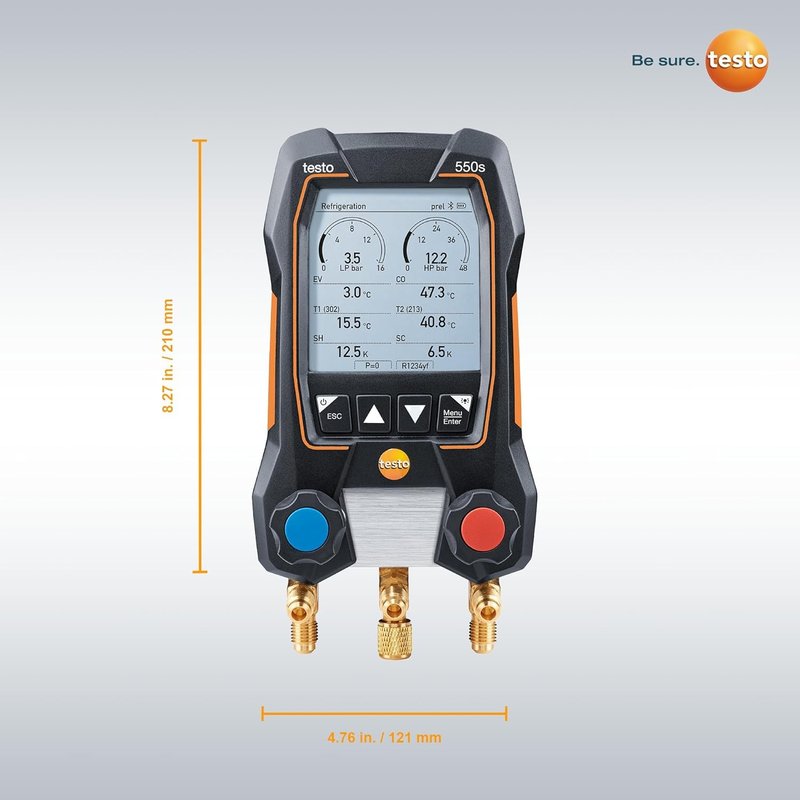 testo 550s AC Manifold Gauge Set – Manifold Gauges HVAC – Incl. 2 Wired Temperature Clamp Probes – Recharge Kit with Superheat, Subcooling For AC, Refrigeration & Heat Pumps – Bluetooth