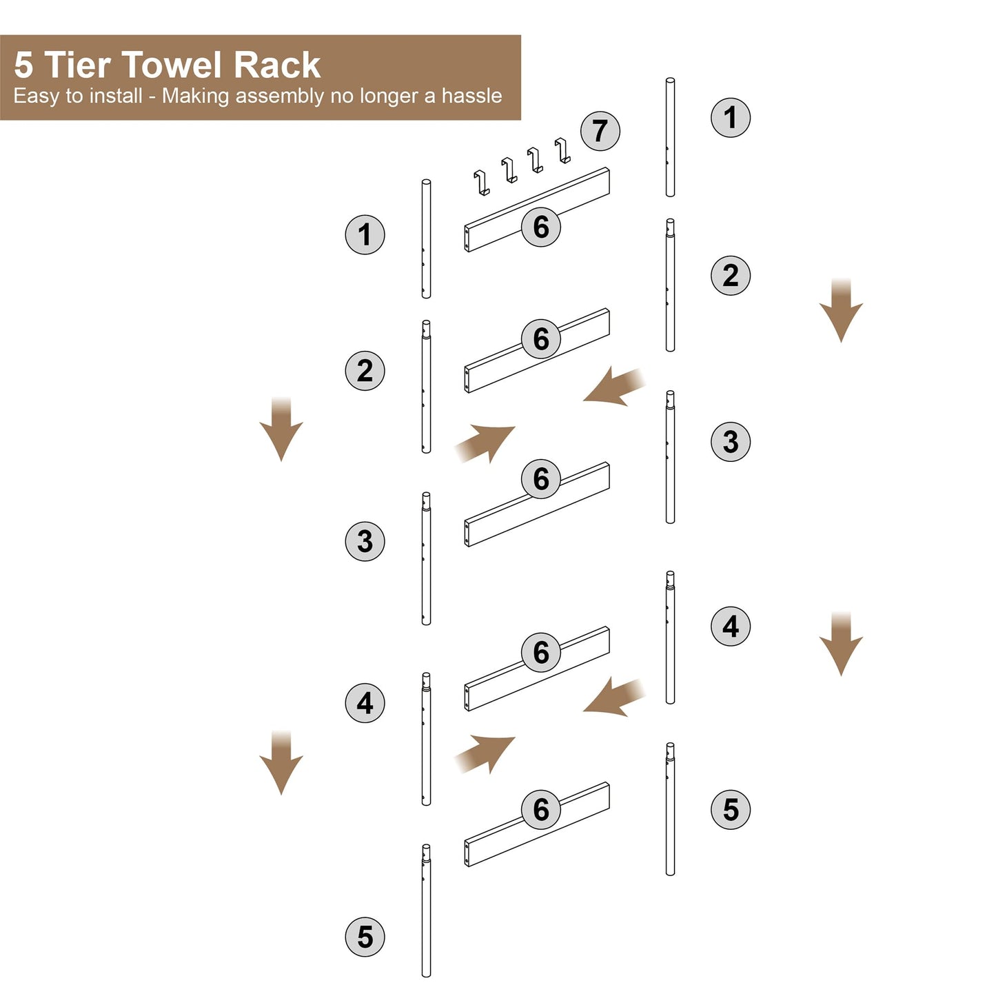 Blanket Ladder, 5-Tier Towel Holder with 4 Removable Hooks, Farmhouse Wall Leaning Decorative Rack Shelf, Wooden Towel Display Rack, Quilt Ladder for Living Room, Bedroom, Rustic Brown