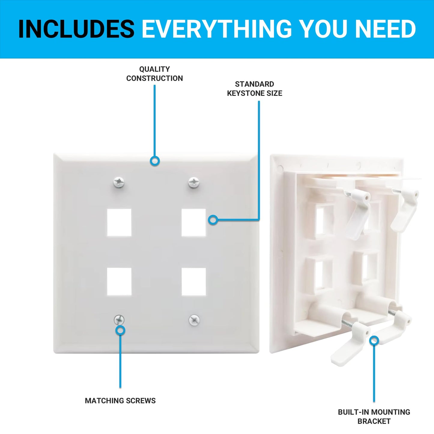 Keystone Wall Plate, Built-In Mounting Bracket, 2 Gang, Supports Jack or Modular Inserts, In Wall Patch Panel - White (4 Port)