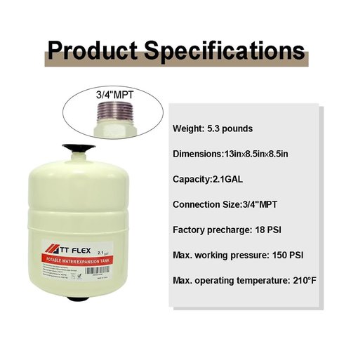 TT FLEX Potable Thermal Expansion Tank for Water Heater, 2.1 Gallon Capacity, 3/4 Inch MNPT Connection