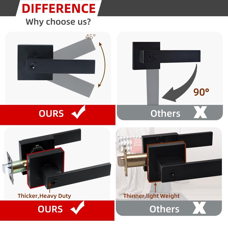 JO.KO Entry Door Lock Set, Square Door Lever for Bedroom, Passage Door Privacy Locking Interior/Exterior Entry Door Knob/Heavy Duty