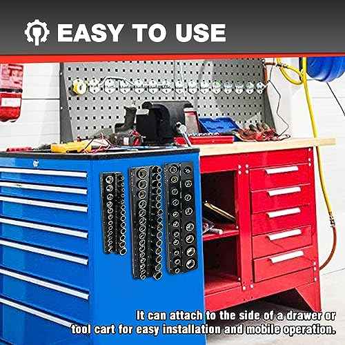 6-Piece Magnetic Socket Organizer Set, 1/2", 1/4" and 3/8" SAE & Metric Deep & Shallow Socket Holder Kit, holds 141 stanard Sockets, attaches to steel box/tool cart (sockets not included)