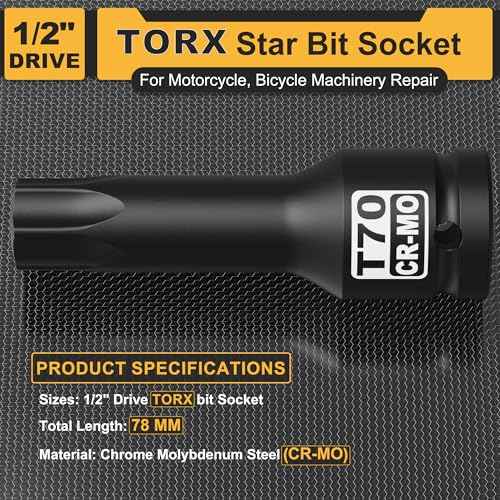 1/2" Drive T70 Torx Bit Socket, Star Bit Socket, CR-MO Steel, Motorcycle, Bicycle Machinery Repair