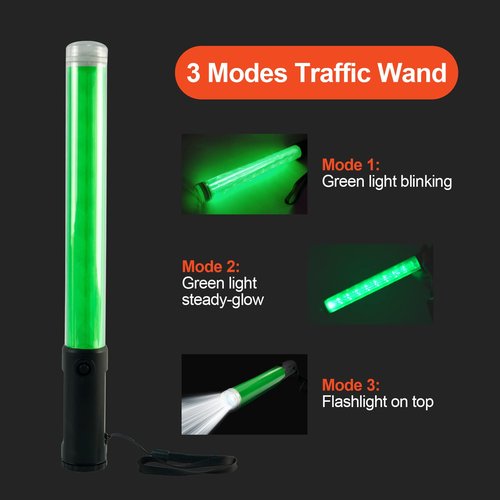 ELLUMIN 2 Pack Traffic Wand, 14-inch Green Traffic Control Baton with 3 Flashing Modes, Night Safety Signal LED Wand with White LED on Top for Airport Marshaling, Parking, Car Directing.(Green, 2pack