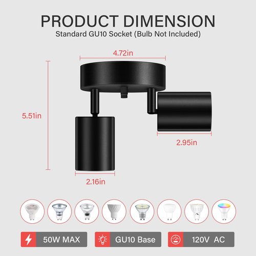 BoostArea LED 2 Light Track Lighting Kit, LED Track Lighting Fixtures, Black Round Ceiling Spot Lighting, Flexibly Rotatable Light Head for Kitchen, Living Room, Bedroom, GU10 Bulb Not Included