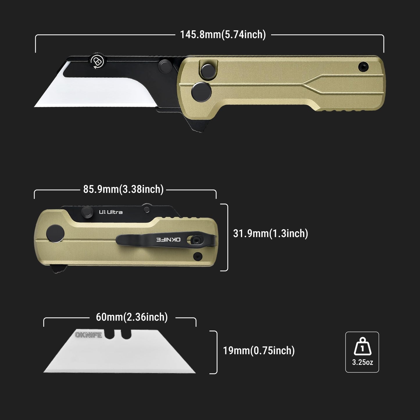OKNIFE U1 Ultra Pocket Folding Utility Knife with Ceramic Blade, Lightweight O-Aluminum Handle Box Cutter with Clip, Button Lock Pocket Knife for Men Women (Olive Green)