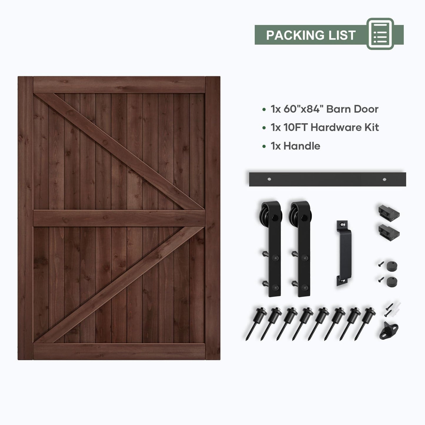ROYMELO 60x84 inch Sliding Barn Wood Door Slab with 10ft Hardware Kit and Handle, Coffee, K Shape, Simple DIY Assembly