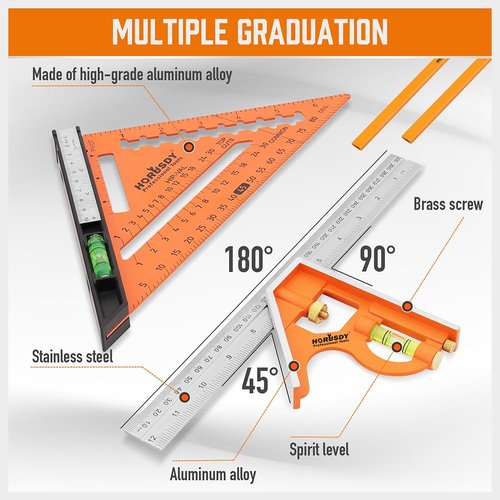 HORUSDY Rafter Square and Combination Square Tool Set | 7 Inch and 12 Inch Square Ruler Combo Rafter Layout Tool