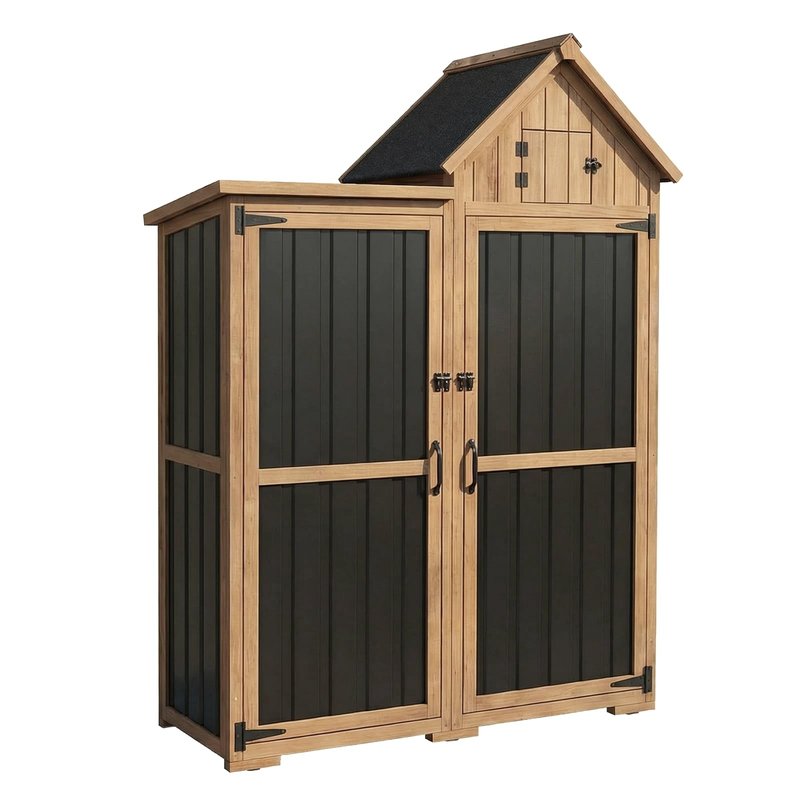 Outdoor Storage Cabinet Weatherproof with 3 Adjustable Shelves, 66'' H Wood & Metal Storage Shed with Lockable Doors & Waterproof Roof, Outside Garden Tool Sheds, Brown