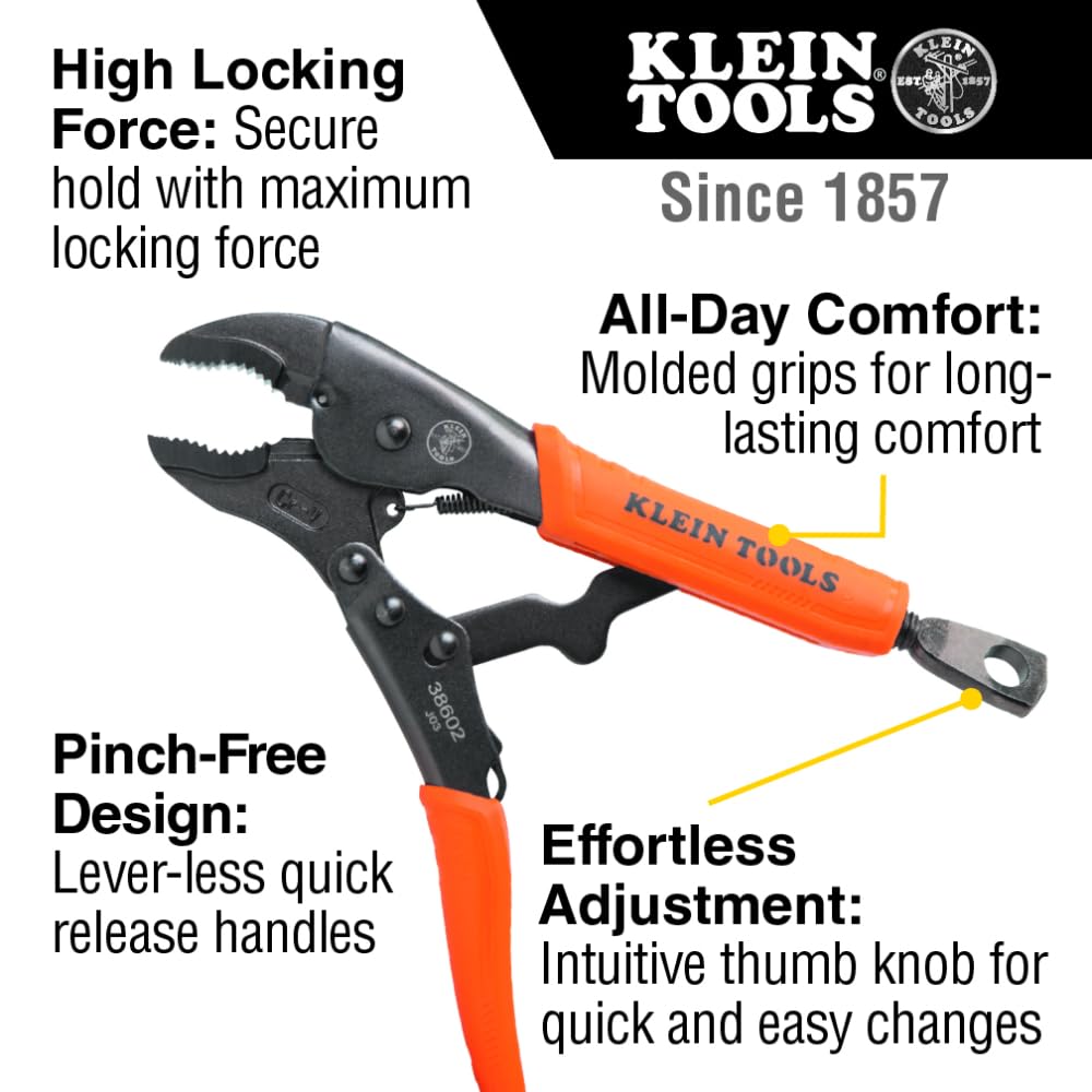 Klein Tools 38660 Locking Pliers Set, 7-Inch and 10-Inch Curved Jaw Pliers, Quick Release Handles, High Torque and Gripping Power, 2-Piece