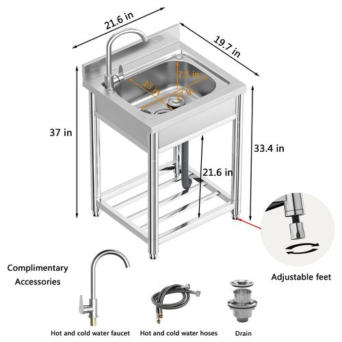 Free Standing Stainless-Steel Single Bowl Commercial Restaurant Kitchen Sink Set w/Faucet, Prep & Utility Washing Hand Basin w/Storage Shelve, laundry tub for Indoor Outdoor (22in)