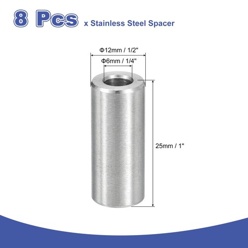 uxcell 8Pcs 304 Stainless Steel Spacer 1/2" OD x 1/4" ID x 1" Length(12x6x25mm) Screw Standoff Bushing Plain Finish Unthreaded Round Metal Spacer for M3 Screws Bolts and Rods, Silver