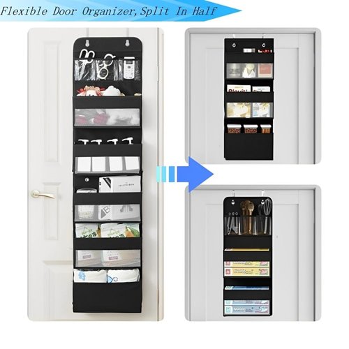 Over The Door Organizer with 5 Large Capacity Pockets, 6 Shelf Detachable Hanging Organizer with Clear Window, 2 in 1 The Door Storage Hanging Shelves for Closet, Dorm, Bathroom, Bedroom (Black)