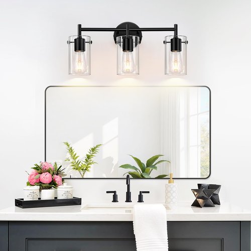 Bathroom Light Fixtures 2023 Upgrade, 3-Light Matte Black Vanity Light, Black Bathroom Lights Over Mirror with Clear Glass Shade, Wall Sconces for Mirror Bedroom Living Room Hallway