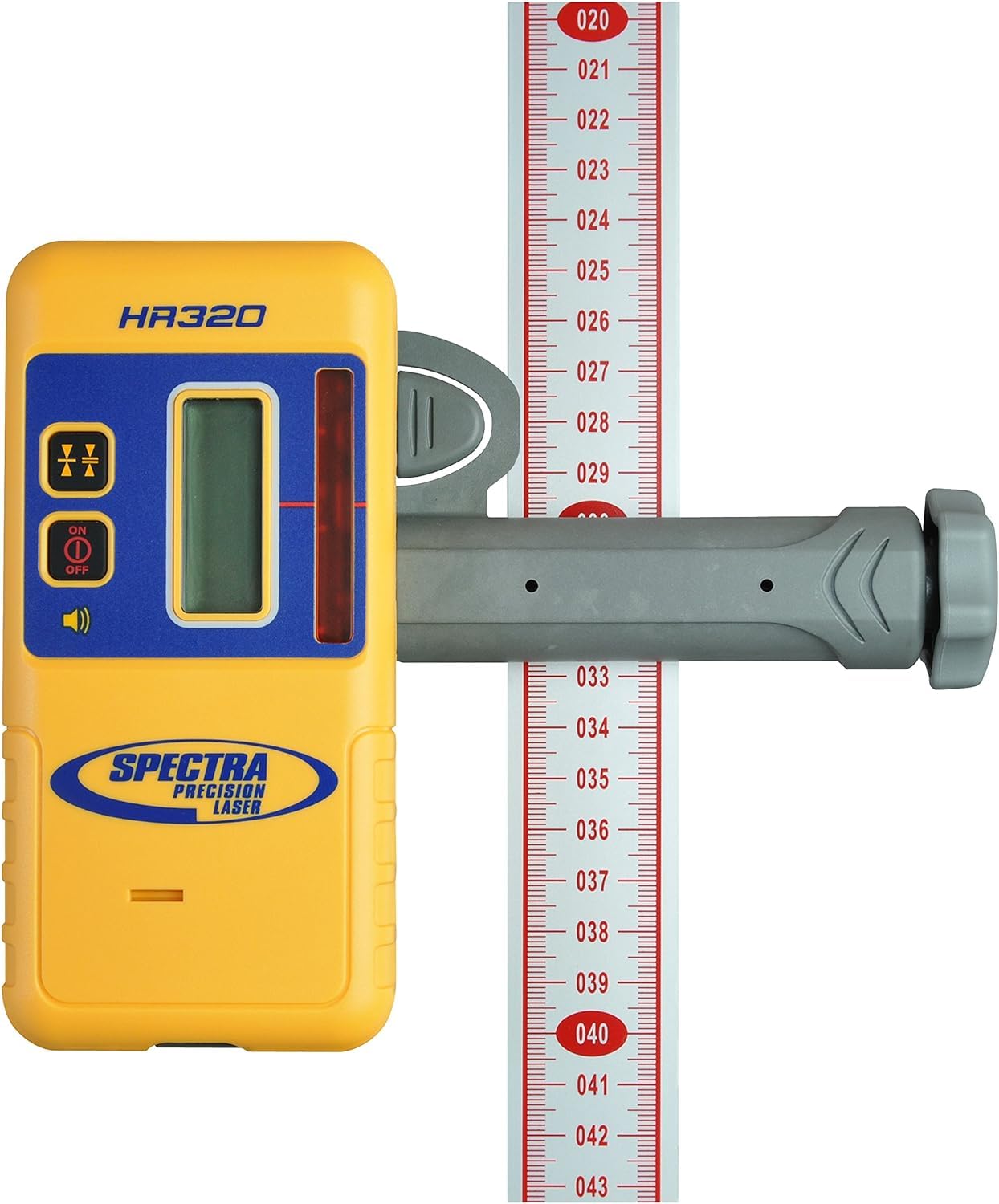 Spectra Precision HR320 Laser Receiver with C59 Rod Clamp, Front & Rear LCD Displays, Loud Speaker, Waterproof, Red