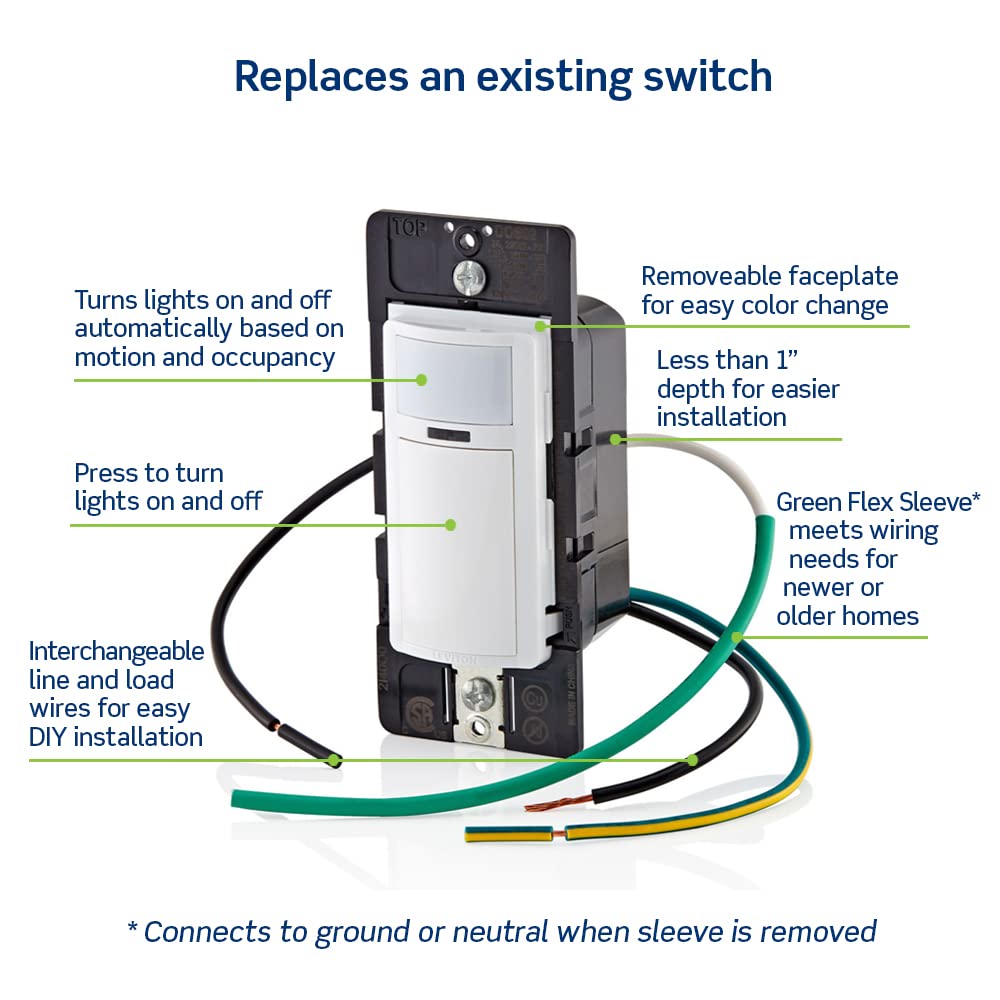 Leviton Motion Sensor Light Switch, Motion Activated, Auto-On/Auto-Off or Manual-On, 2A, No Neutral Wire Required, Single Pole, DOS02-LW, White