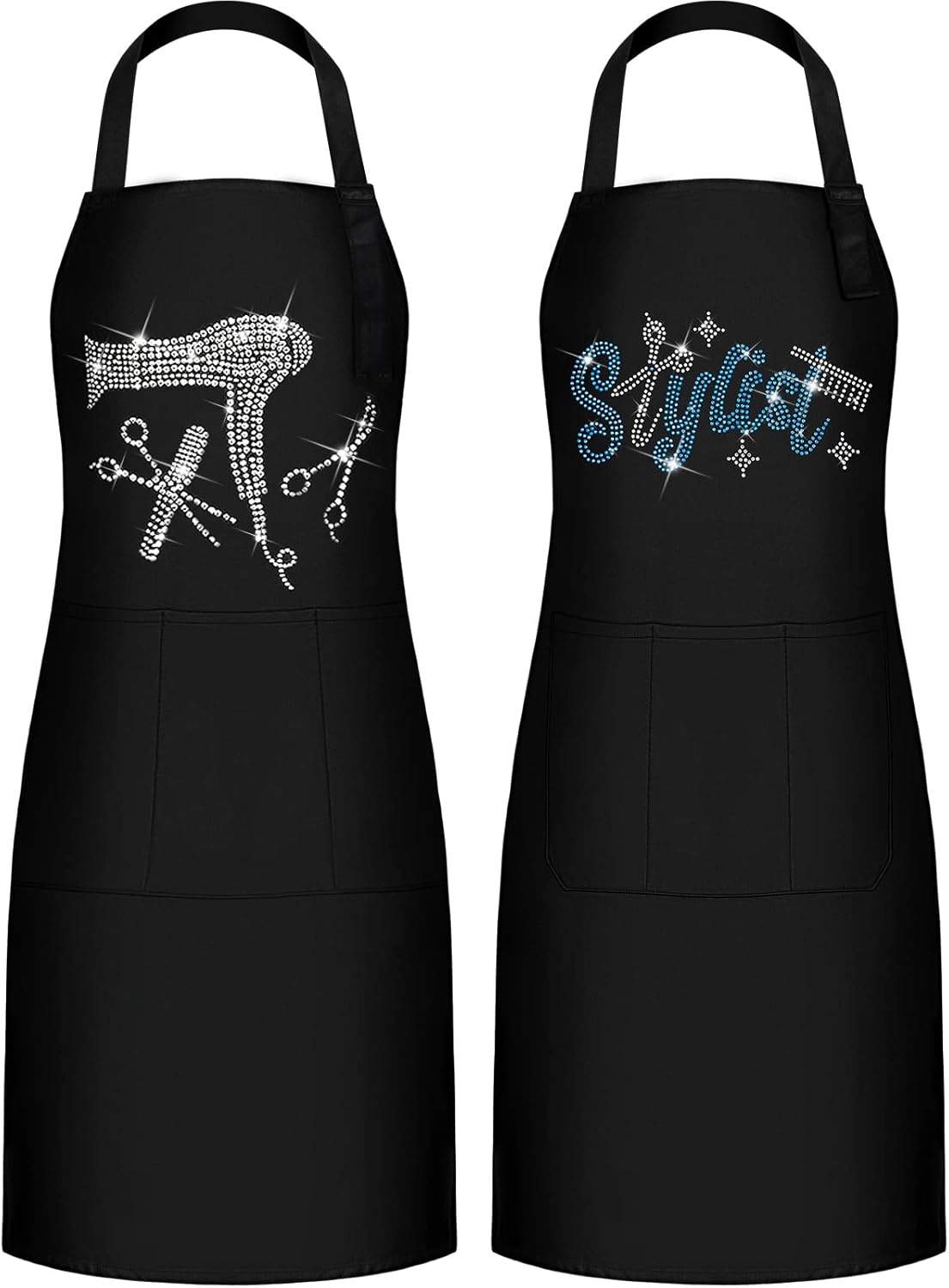 Coume 2 Pcs Hair Stylist Apron Hairstylist Salon Apron with Rhinestone Tools 3 Pockets Waterproof Hairdresser Barber