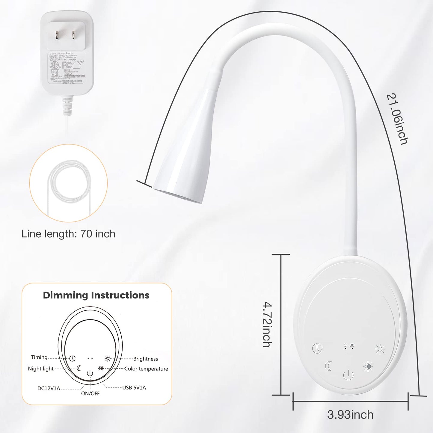 SANKEDOU LED Wall Mounted Reading Light, Book Light for Reading in Bed with Touch Control, 5 Dimmable, USB Output, Night Light & Timers Function, Flexible Gooseneck Headboard Bed Lights (White)