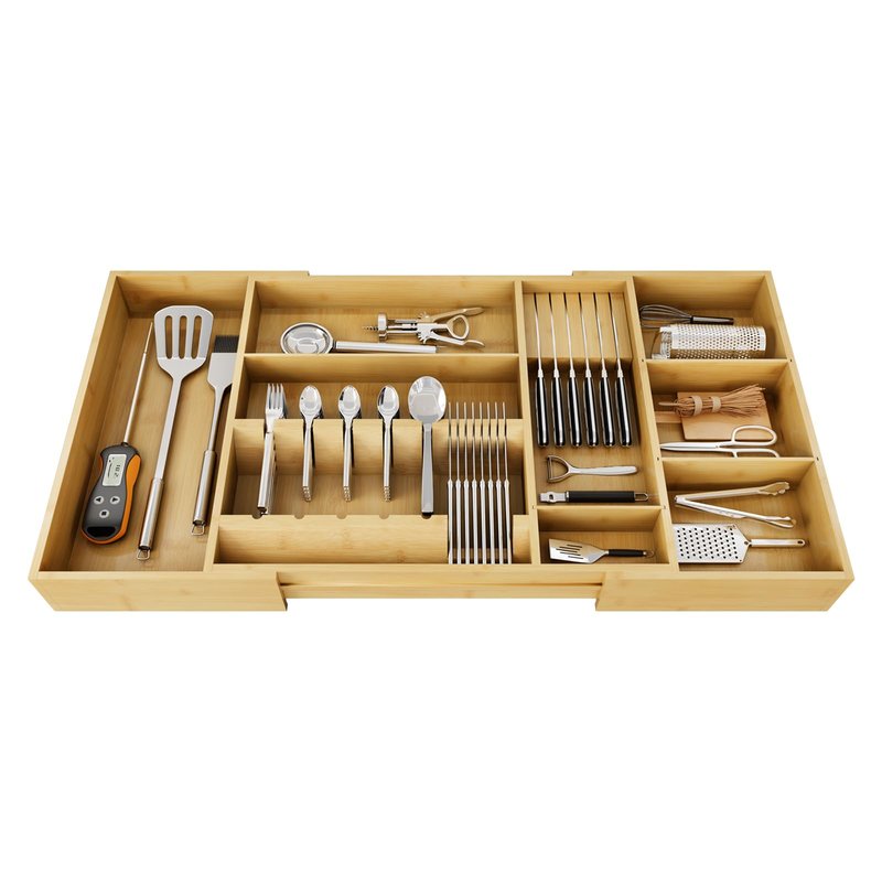Landmok Bamboo Silverware Drawer Organizer, 17.72-29.53 Inch Expandable Large Kitchen Drawer Organizer, 5-8 Slot Flatware with Removable Card Slots & Knife Block for Spoon Butter Knive, Natural