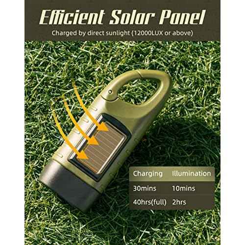 SEANCHEER Hand Crank Solar Powered Flashlights,Compact Emergency Rechargeable LED Flashlight Handheld Survival Flashlight,Quick Snap Carbiner Dynamo Flashlight for Outdoor,Sports,Hiking-Army Green