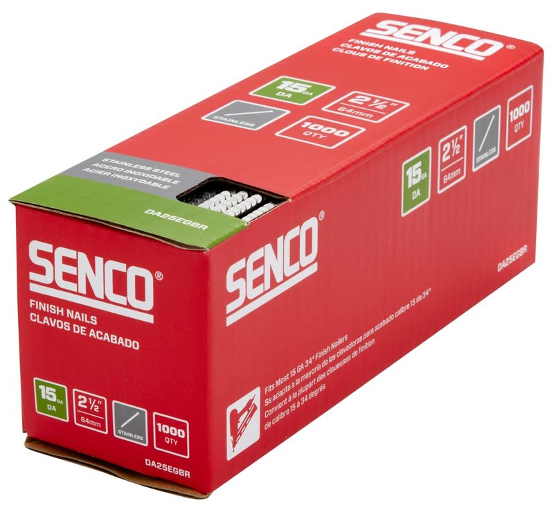 SENCO DA25EGBR 34 Degree Collated Finish Nails, 15 Gauge, 2-1/2 Inch Length, SAE 304 Stainless Steel, 1,000 Count Pack