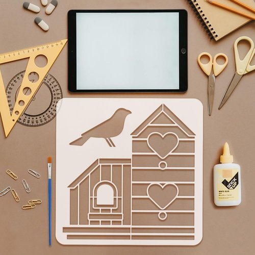 FINGERINSPIRE 9 Styles Birdhouse Pattern Stencils with Brush 11.8x11.8Inch Various Birdhouse Painting Template Bird Silhouette Drawing Stencil PET Plant Theme Template for Wood Wall Floor Tiles