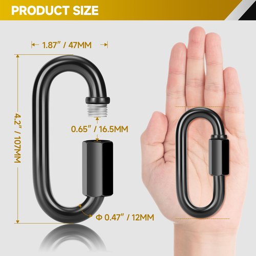4Pcs 4.2” Quick Link Chain Connector, 2800lbs Capacity M12 Heavy Duty High Strength Giant Carabiners for Hammock, Swing, Camping, Fishing, Hiking