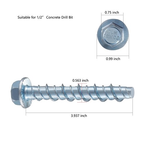 Wensilon 1/2" x 4" Zinc Plated Large Diameter Concrete Screw for Anchoring to Masonry, Brick or Block (30pcs)