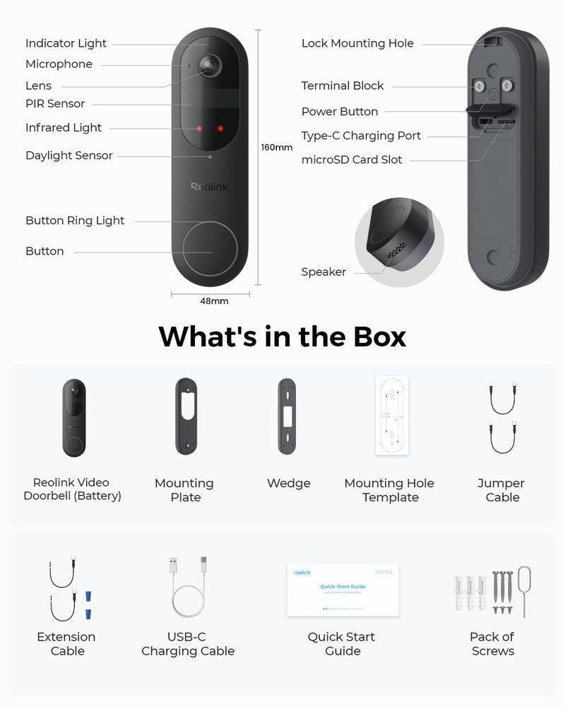 REOLINK 2K Battery Video Doorbell Camera, 150°x150° Head-to-Toe View, 2.4/5 GHz WiFi, Local Storage, No Monthly Fee, Two-Way Talk, Person/Vehicle/Package Detection(Chime not Included)