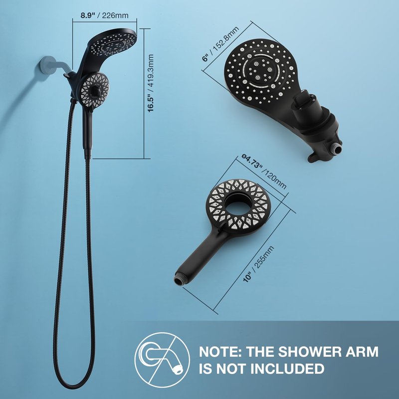 High Pressure Rain Shower Head with Handheld Spray Combo Fixed Showerhead Dual Shower Head Set 10 Sprays Detachable Hand Held Showerheads Built-in Magnetic System Matte Black