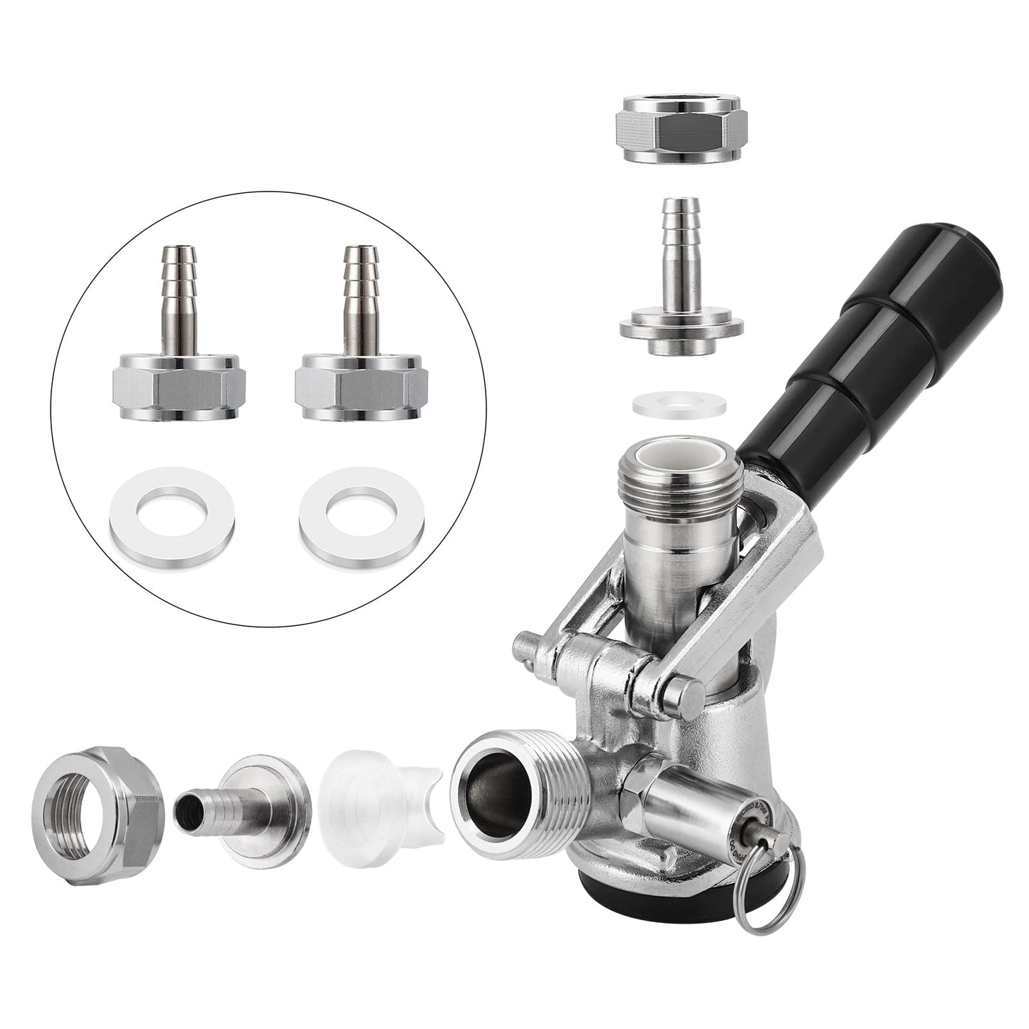 MRbrew Keg Coupler Barb Connector, Homebrew Kegerator Sankey Couplers O.D 1/4'' Chrome-Plated Brass Liquid Beer Line Tailpiece Nipple Fitting with Sealing Gasket Washer and G 5/8 Thread Hex Nut