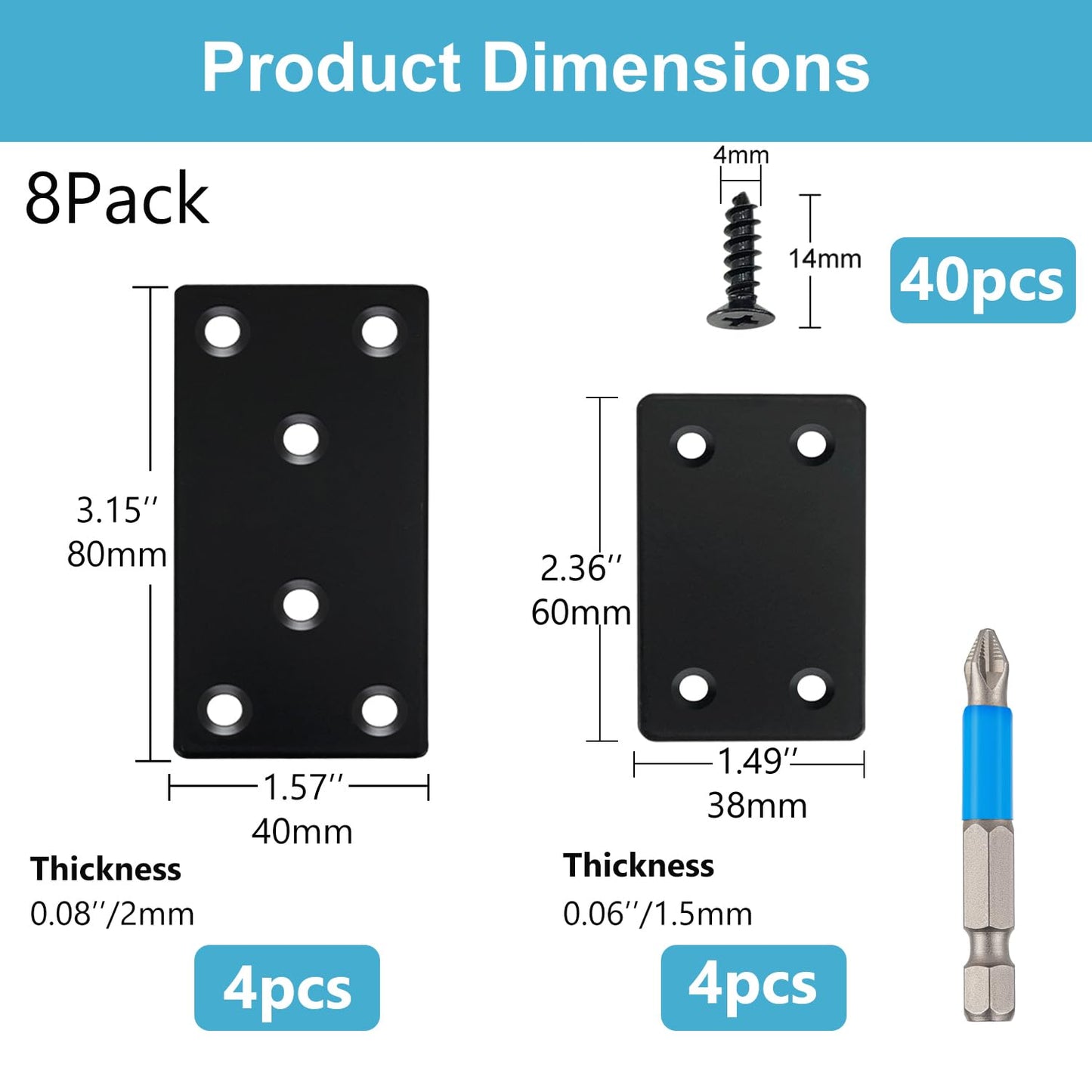 QSJ 8 Pack Black Flat Mending Plate 3.15x1.57‘’ & 2.36x1.49'', Stainless Steel Bracket, Straight Metal Brace Bracket, Fixing Joining Plate for Wood Furniture Fastening & Fixing