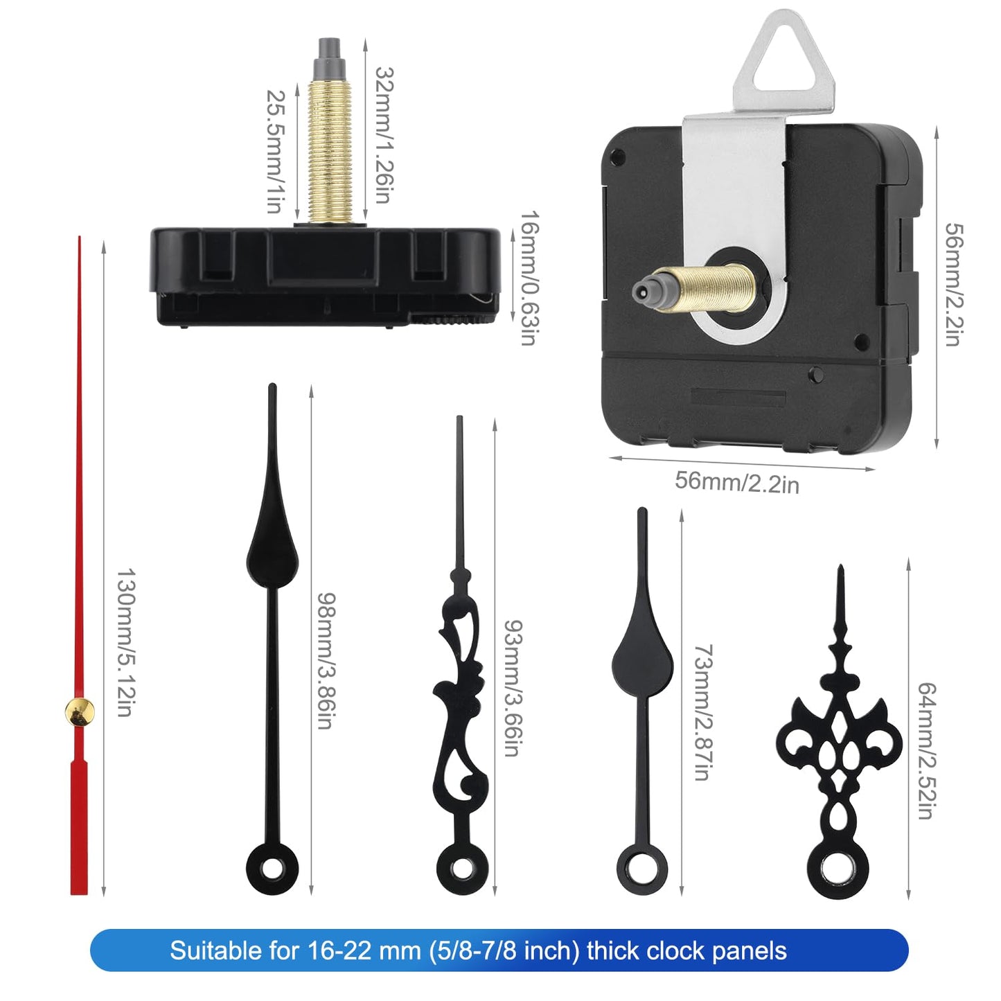 Gosknor Wall Clock Repair Kit, 1.26 Inch Quartz Long Shaft Clock Movement Replacement Mechanism Timepiece Repair Kit with Second/Minute/Hour Hand Parts