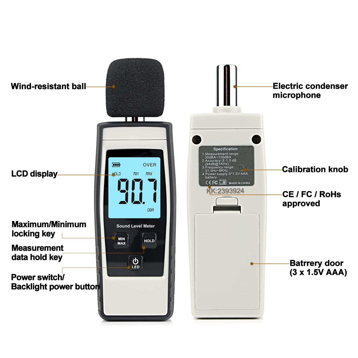 Decibel Meter, Portable SPL Meter (Sound Pressure Level Meter), Digital Noise Meter, Range 30-130dB(A) db Meter, Noise Volume Measuring Instrument, Sound Monitoring Tester (Battery Included) Yellow